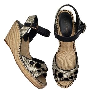 Arturo Chiang | Beige Fabric Embellished Peep Toe Espadrille Wedges Women's 8